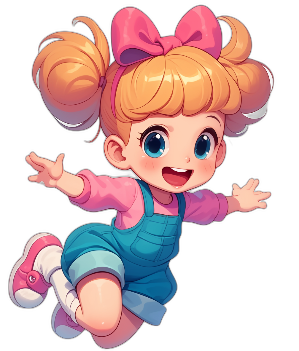 A cute baby girl with big blue eyes and blonde hair in pigtails, wearing a pink shirt and dark teal overalls, red shoes, smiling and jumping, with a large head size in the style of a cartoon, on a black background, with a big smile and a pink bow on her ponytail, with big bright beautiful shiny blue eyes, with a chibi character design, of high quality and high resolution, with 3D rendering and 40px detail.