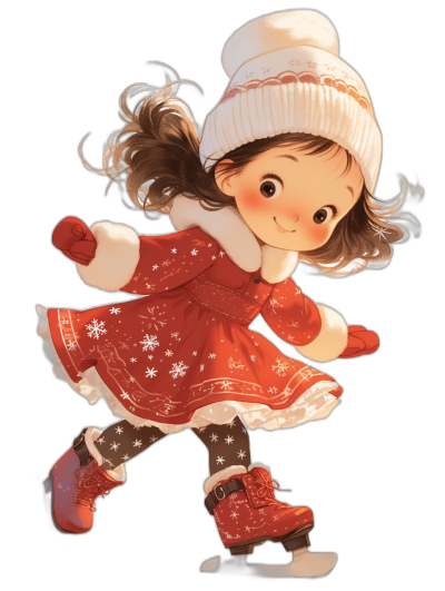 A cute little girl is ice skating, wearing red and white hat with snowflakes on them. She has long brown hair and big eyes. The illustration style features cartoon characters in the children's book style, cute and lively colors, black background, high resolution, high detail, high quality, and high picture quality.