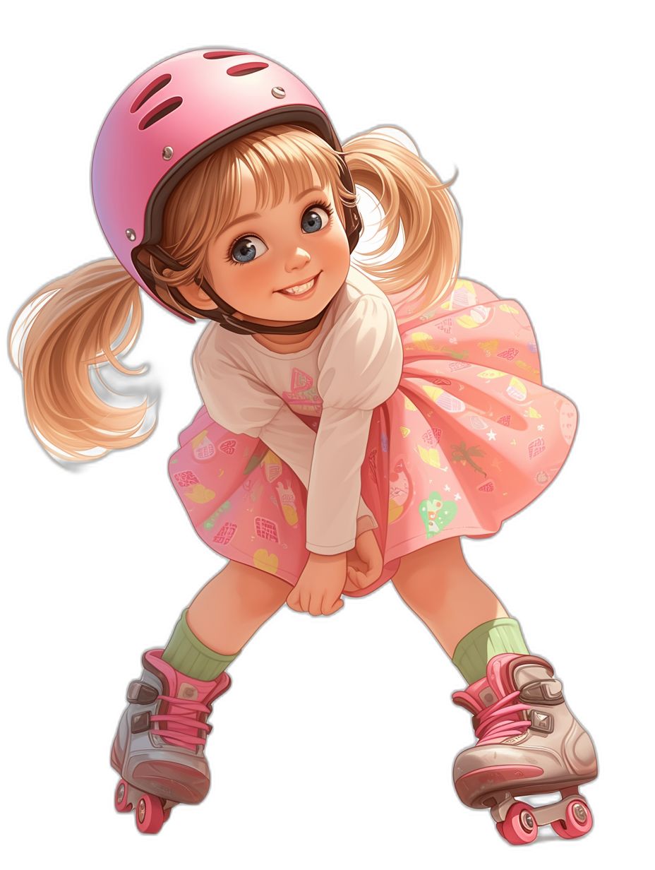 A cute little girl with blonde hair in pigtails, wearing pink roller skates and a helmet. She is smiling while riding her roller skate on a black background. In the style of anime, with character design, detailed illustration, pastel colors, soft shading, and cute cartoonish designs. A full body portrait. High resolution, sharp focus, with studio lighting.