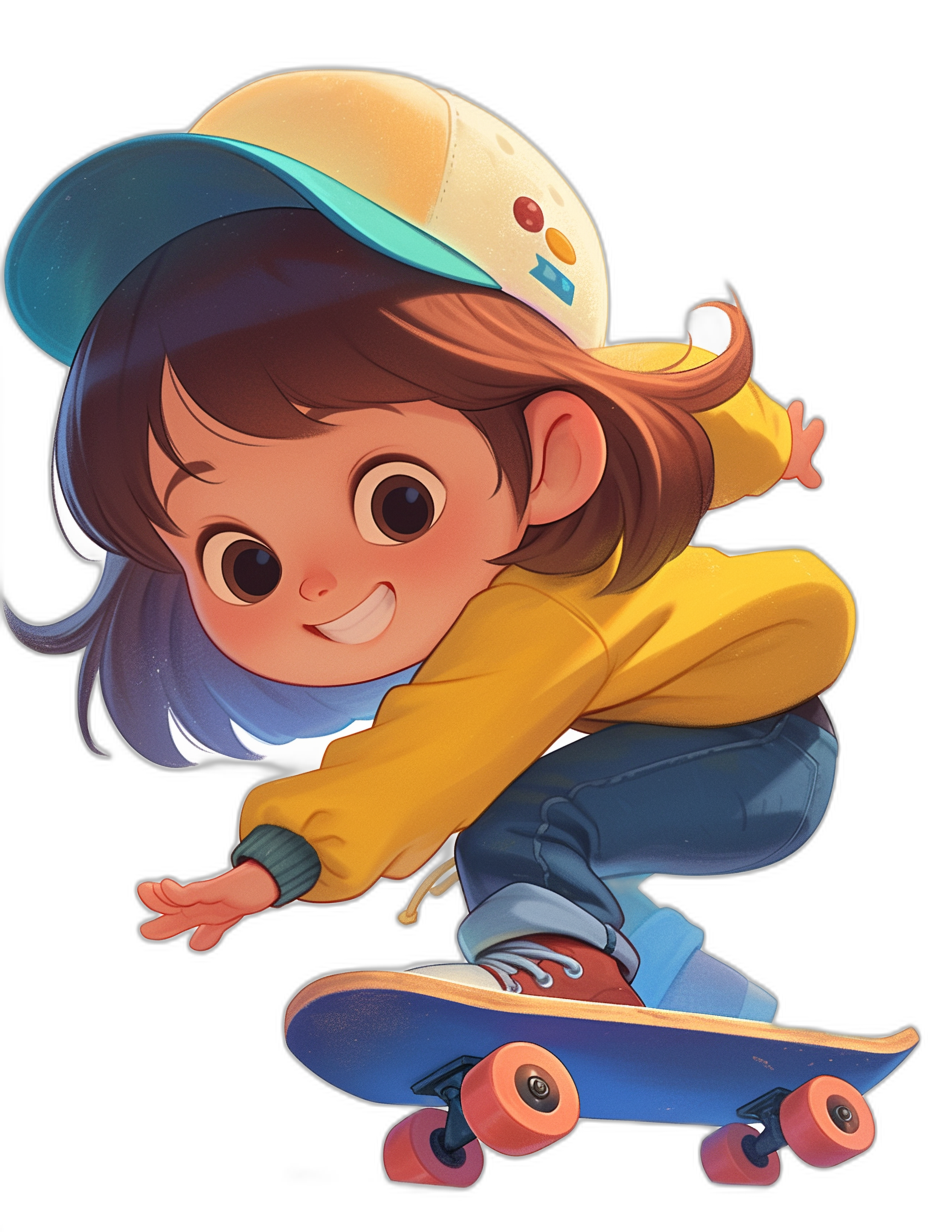 Cute cartoon girl with big eyes and brown hair, wearing blue jeans and yellow shirt, skateboarding on a black background, wearing a white cap with a colorful design, character concept art in the style of Disney Pixar studio, cute 2D flat illustration with a bold color palette and low detail at a high resolution, isolated in the middle of a solid dark grey background.