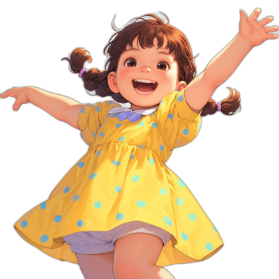 A cute little girl with brown hair, wearing a yellow and blue polka dot dress, smiling happily while jumping in the air, front view, black background, in the style of anime, Japanese manga, game art design, 2D flat cartoon design, ultrahigh definition details, high resolution, 30K.