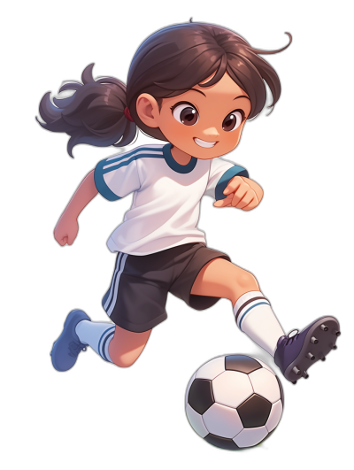 A cute little girl in a white and black soccer uniform is kicking a ball while playing football against a black background. The character is depicted in a cartoon style with clear lines and vibrant colors for high resolution 2D game art. It is a full body portrait of her skillfully playing. She has dark brown hair tied into ponytails and is smiling as she plays.