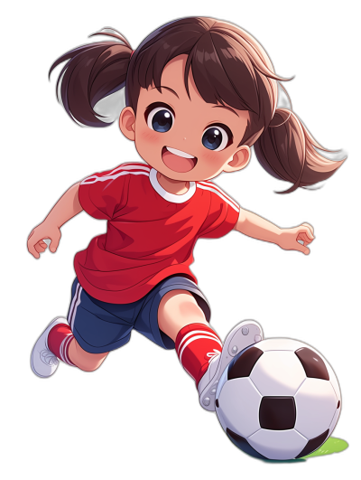 Cute little girl playing soccer, wearing a red T-shirt and blue shorts with white stripes on the side of her knee-length socks, smiling face, big eyes, dark brown hair in pigtails. She is kicking a black football with one leg raised high. Black background. In the style of Japanese anime with a colorful cartoon illustration character design.