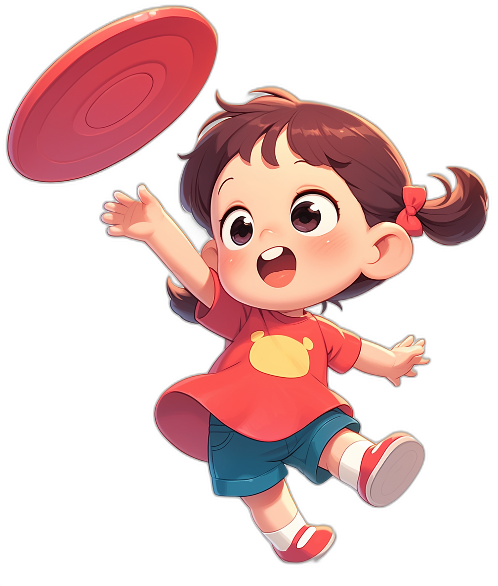 A cute little girl is playing frisbee, wearing red short sleeves and blue shorts with a black background. The illustration style features cartoon characters in bright colors, with a Disney animation-style cute character design and high-definition resolution from a full body perspective.