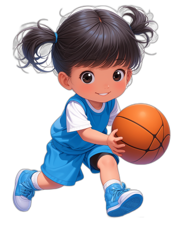 A cute little girl playing basketball, with a blue uniform and white shirt, big eyes, dark hair in two ponytails, smiling, in the style of cartoon, isolated on a black background, in the style of chibi anime art illustration.