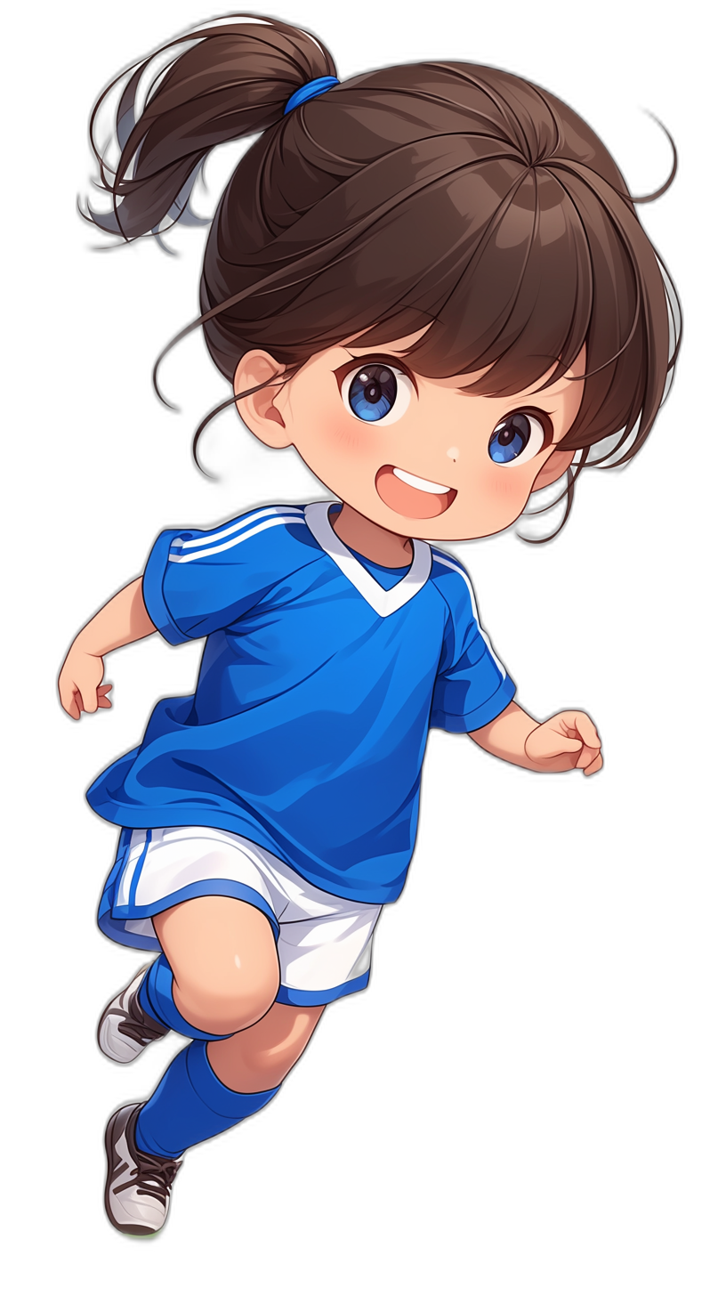 A cute little girl wearing a blue and white football uniform, with short brown hair in pigtails, smiling while running on a black background, in the style of chibi style, 2D game art, simple design, high quality, high resolution, high detail, high contrast, sharp focus, in the style of professional photography, soft lighting.