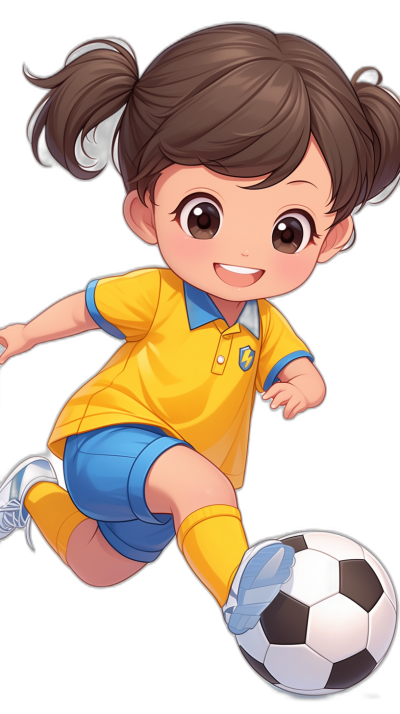 A cute little girl playing football, wearing yellow and blue short sleeves with a black background, in the cartoon style, in the style of Japanese anime, with high definition resolution, simple design, colorful , in a running action pose, with a smile on her face. The expression is happy. A celebration atmosphere. Chibi cute version. She has brown hair in pigtails. Her eyes have big eyelashes, she wears sneakers and socks. A soccer ball lies next to her feet. It's an animated illustration of her whole body, in the style of [Akira Toriyama](https://goo.gl/search?artist%20Akira%20Toriyama).