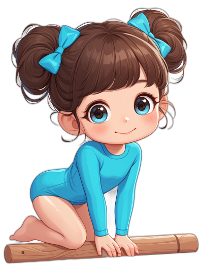 A cute little girl with big eyes, brown hair in pigtails and blue bows is sitting on the ground doing gymnastics in the style of [Simon Bisley](https://goo.gl/search?artist%20Simon%20Bisley) art. An adorable chibi kawaii princess is illustrated wearing a light blue long-sleeved shirt with white leggings while posing and holding a wooden gym rod. The full body character design drawing is an isolated cartoon illustration on a black background.