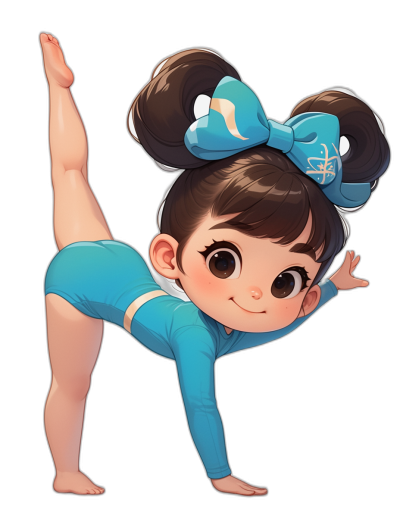 a cute little girl with brown hair in pigtails, wearing blue leotards and doing gymnastics expressions on black background, chibi style, Disney Pixar character design, bowing her head to the side, doing cartwheels pose, cartoon art style, vector illustration, digital painting, high resolution, high detail, high quality, high definition, high sharpness, high contrast,