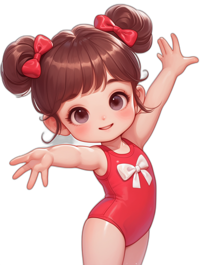 A cute little girl with brown hair in pigtails, big eyes and wearing red leotards doing gymnastics on a black background in the style of [Artgerm](https://goo.gl/search?artist%20Artgerm)'s chibi character design. A full body shot with a detailed face in a cartoon style.