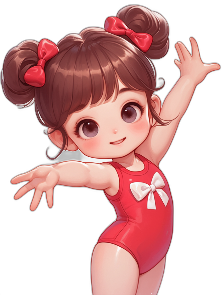 A cute little girl with brown hair in pigtails, big eyes and wearing red leotards doing gymnastics on a black background in the style of [Artgerm](https://goo.gl/search?artist%20Artgerm)’s chibi character design. A full body shot with a detailed face in a cartoon style.