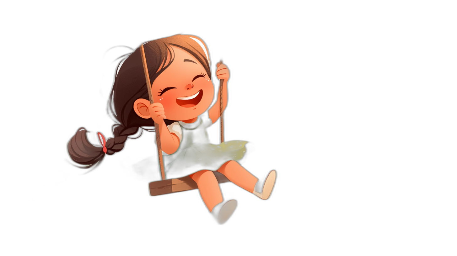 A cute little girl is sitting on the swing, smiling happily with a black background. The drawing style is simple with cartoon character design. It is a flat illustration with simple lines and shapes as well as simple details. The full body portrait is a high definition, high resolution rendering with high detail and quality.