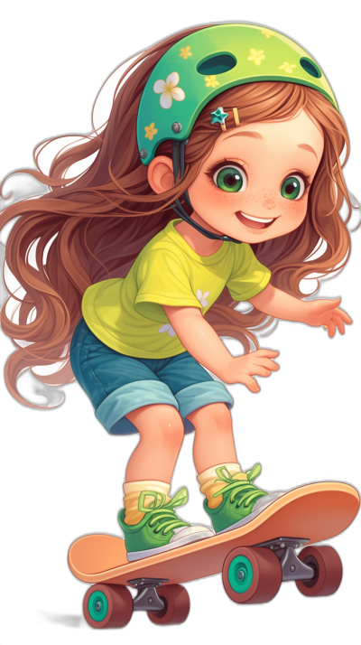 A cute little girl with long brown hair and green eyes is riding on her skateboard wearing an emerald colored helmet. She has a cartoon style with a black background. The girl has short shorts, white socks, and blue shoes. She is smiling big at the camera. It is a clipart for stickers with colorful colors.