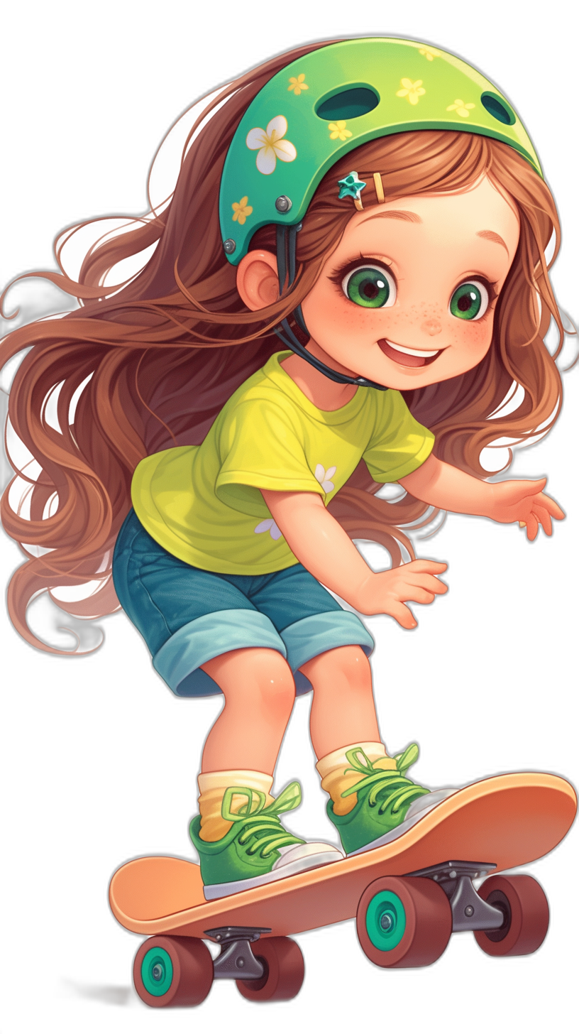 A cute little girl with long brown hair and green eyes is riding on her skateboard wearing an emerald colored helmet. She has a cartoon style with a black background. The girl has short shorts, white socks, and blue shoes. She is smiling big at the camera. It is a clipart for stickers with colorful colors.