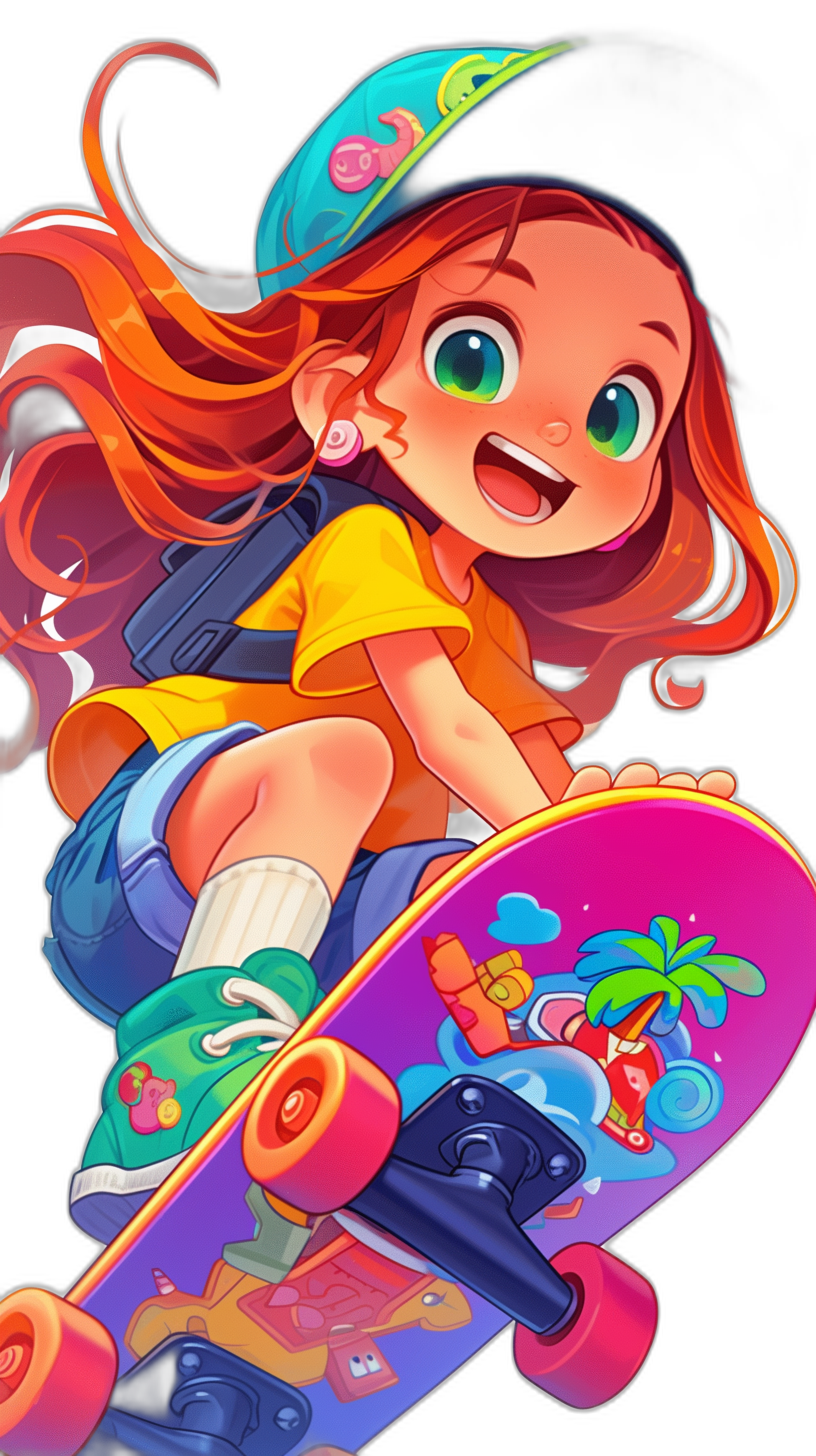 A cartoon illustration of a girl with long red hair and green eyes wearing an orange shirt, blue shorts, white sneakers, and a colorful hat riding on a skateboard in the style of street art with bright colors on a black background, depicting pop culture, kawaii, graffiti themes with high detail and resolution.