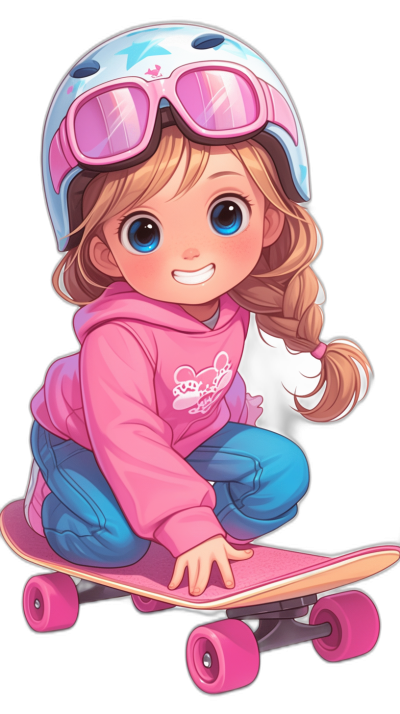 cute chibi girl on pink skateboard, wearing white helmet and big goggles, smiling with blue eyes, full body, pink hoodie shirt, light brown hair in braid, isolated black background, comic illustration in the style of [Artgerm](https://goo.gl/search?artist%20Artgerm)