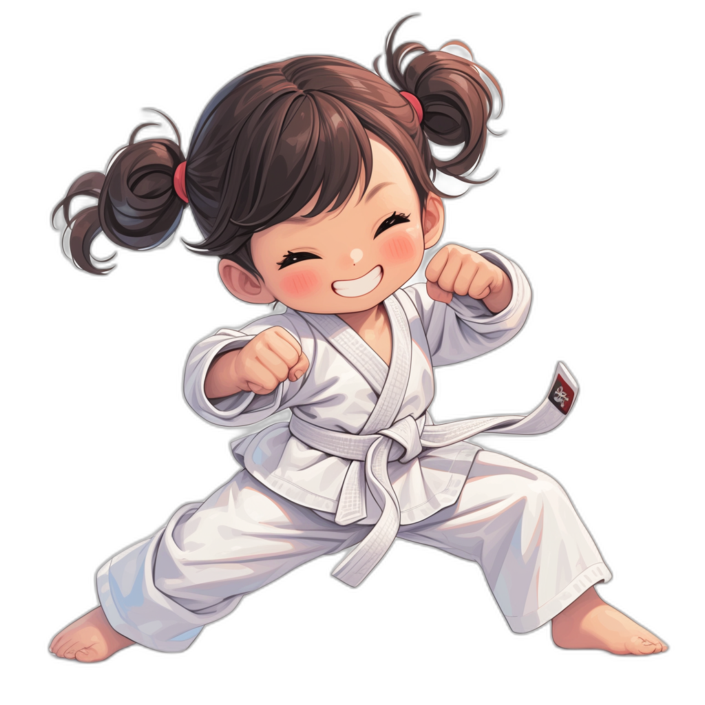 Chibi style, kawaii girl in a karate outfit doing karate. Janet Kega smile, full body, black background, white robe with belt, hair tied into two pigtails, strong hands and legs, cartoon character, 2D art style, digital painting, digital illustration, high resolution, high detail, high quality, high contrast, sharp focus, intricate details, cinematic lighting, full length, full frame, full shot. The style is reminiscent of Janet Kega.