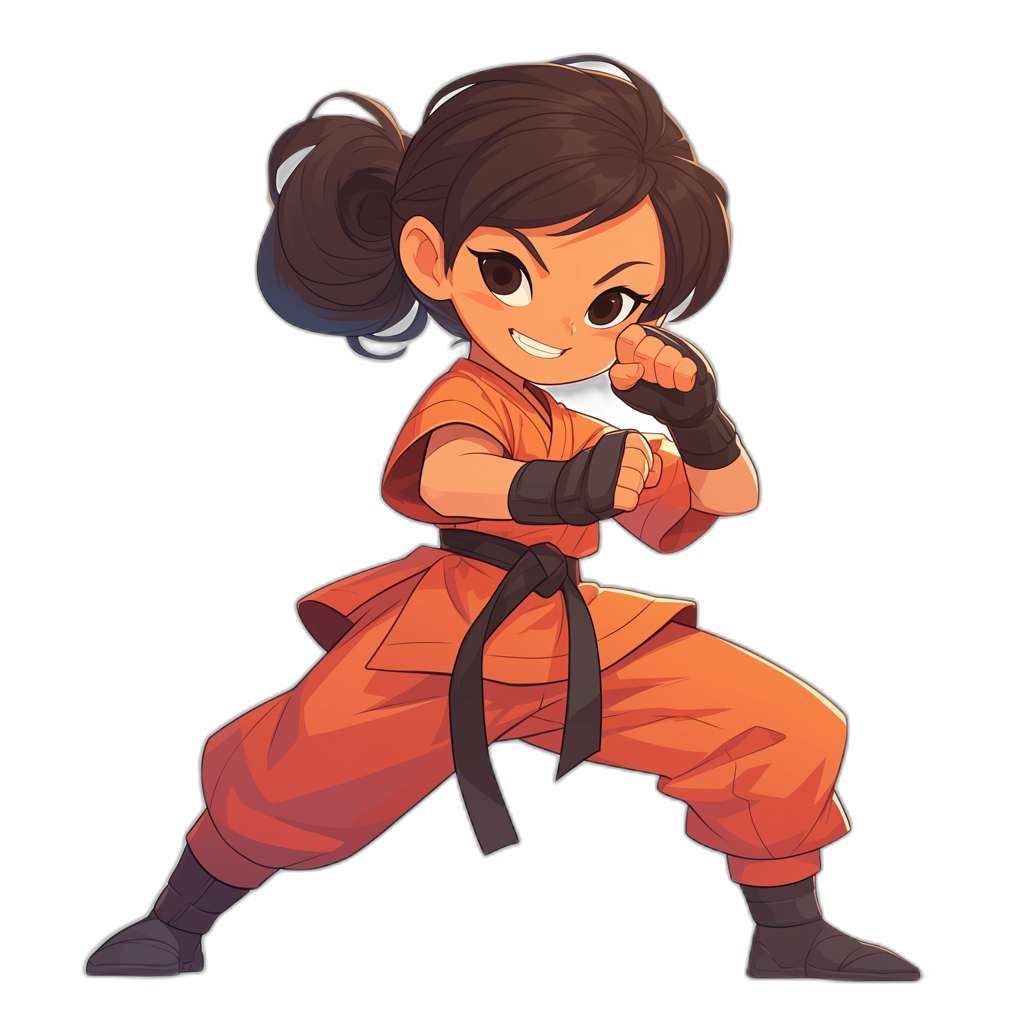 m finshot, kung fu girl character design, cute cartoon chibi style with dark hair and orange, black background, in the style of fighting pose