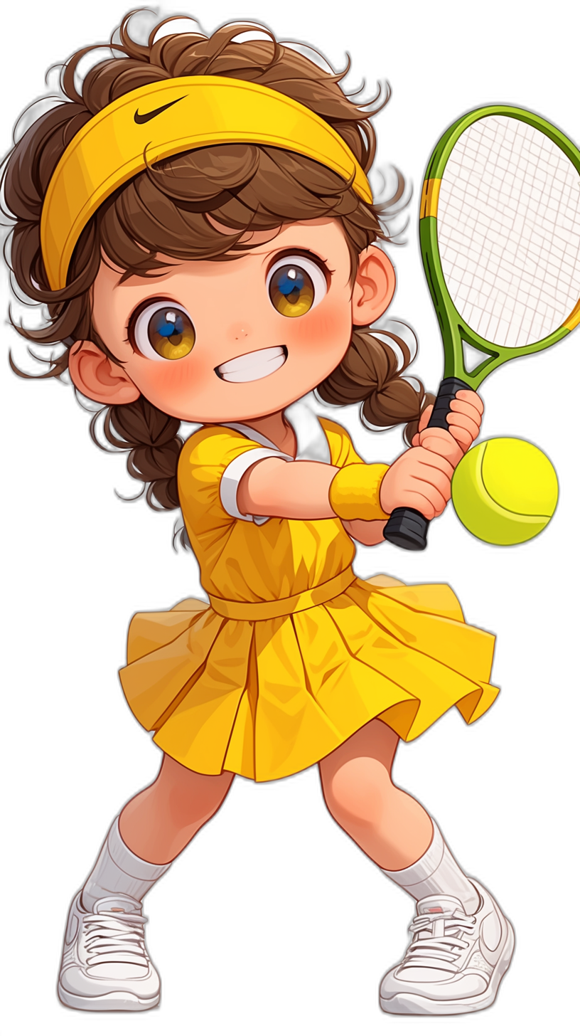 A cute chibi girl playing tennis, wearing a yellow skirt and headband with white shoes, holding a racket with both hands against a black background. The illustration is in a chibi style with a cute, cartoonish character design. It features a bright color palette, high resolution, high quality, high detail, and high contrast and sharpness. The digital art is in the style of the best digital art in the world, being a digital drawing.