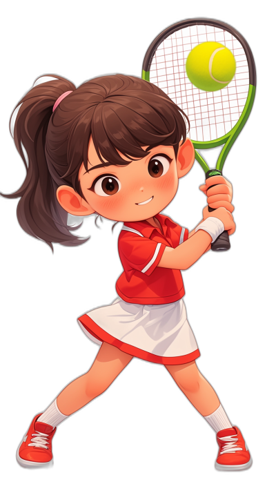 Tall and cute little girl playing tennis, wearing a red short-sleeved T-shirt with a white skirt underneath, smiling expression, brown hair in a ponytail style, holding a racket with high definition details in the style of a cartoon on a black background.