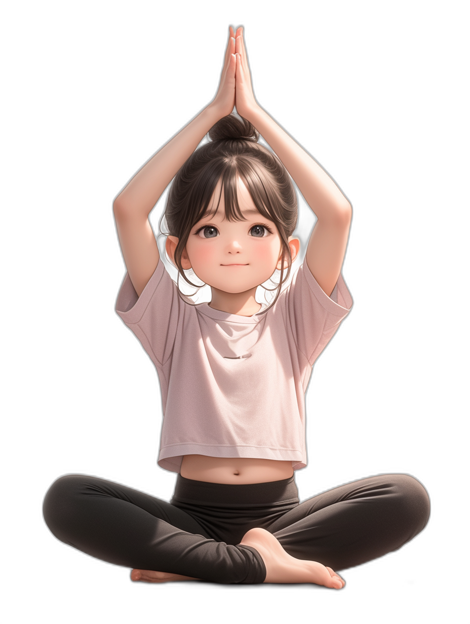 A cute little girl is doing yoga, wearing black leggings and a pink short sleeved top with white trim on her chest, hands above her head in the lotus position, smiling face, full body portrait, simple background, in the style of anime, in the style of a Japanese cartoon character design, black solid color background, 2D game art style, 3D rendered, high resolution, high detail, high quality.