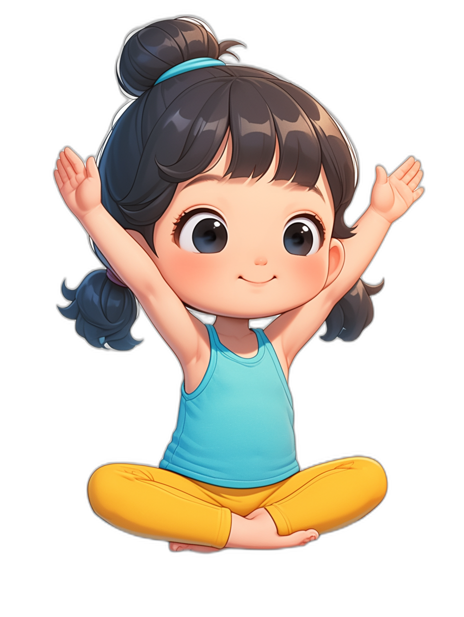 Cute little girl doing yoga in a chibi style. This vector illustration features a simple and colorful sitting cartoon character on a black background. She is sitting on the ground with her hands raised above her head in the style of Disney Pixar. The girl has big eyes and is wearing yellow pants and a blue top. Her hair is tied into two buns at the back of her head.