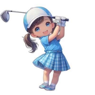 A cute little girl in a blue and white checkered skirt, wearing a cap, playing golf on a black background in the style of anime, 2D game art, simple design, high resolution, cute expression, full body shot, cute pose, simple detail. She is smiling happily while swinging the club, her eyes sparkling with joy as she plays. Her hair sways gently behind her head, in the style of anime.