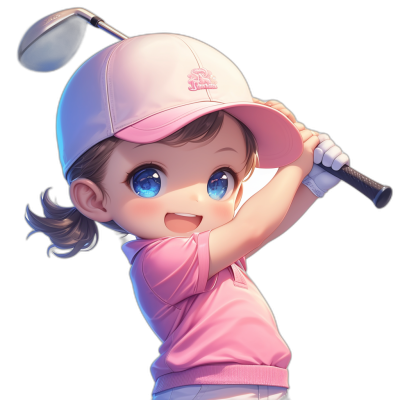 A cute little girl in pink golf , with blue eyes and a white cap playing golf in the style of anime, 2D art with a black background and cartoon character design. She has a cute pose and expression with simple details and bright colors in high resolution. The little baby is smiling happily while holding the club and hitting it towards me. Her hair was short and curled up on her head, adding to her cuteness.