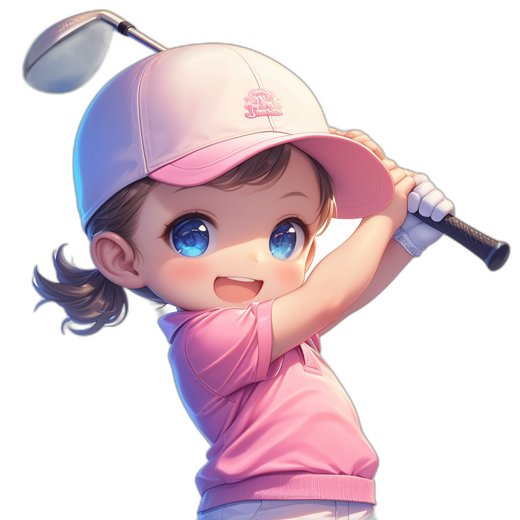 A cute little girl in pink golf , with blue eyes and a white cap playing golf in the style of anime, 2D art with a black background and cartoon character design. She has a cute pose and expression with simple details and bright colors in high resolution. The little baby is smiling happily while holding the club and hitting it towards me. Her hair was short and curled up on her head, adding to her cuteness.