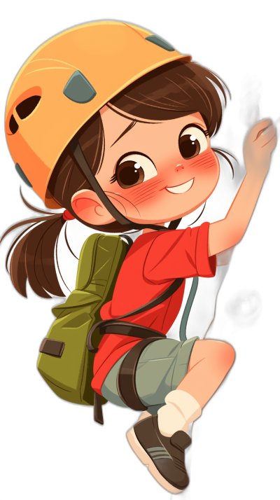 chibi style, chibbi girl with brown hair and bangs wearing climbing helmet and orange backpack white shirt red short green shorts black shoes flying in the air on dark background