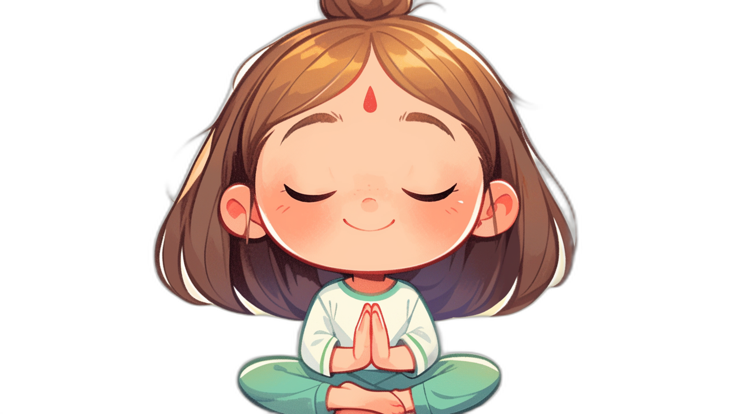 A cute little girl meditating in the style of chibi, simple flat illustration with black background, pastel colors, vector art, 2D cartoon digital artwork, cute character design, cute and adorable, simple shapes, cute hands pose, cute eyes closed face expression, yoga , simple hair shape, cute headband on her forehead, simple hairstyle, simple facial features, cartoon art, simple hand gesture