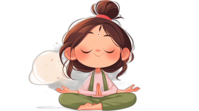 A cute girl meditating in the style of a cartoon with a black background. The simple and colorful design shows her with a happy expression in a full body portrait. She is wearing green and has long brown hair tied in a single ponytail. There is some smoke around her head. Anime character illustration.