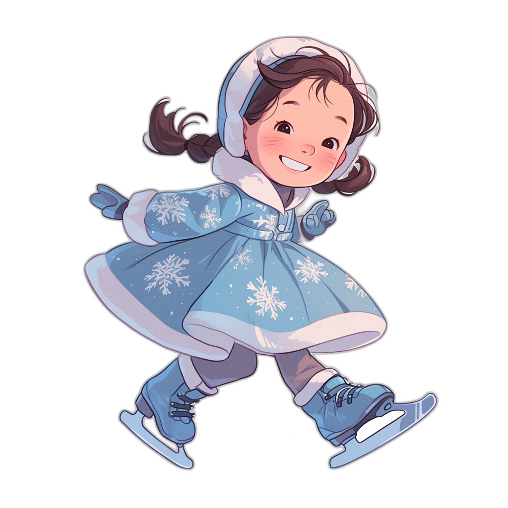 A cute little girl in an ice skating dress with snowflakes on it, smiling and wearing blue boots. The illustration is depicted in the style of Chibi anime characters against a black background. She has long brown hair tied back into two pigtails that fall over her face. Her eyes have lashes and she wears silver eyeliner to make them stand out more. A white hood covers part or all of her head. She also sports a winter hat. It’s a full body shot so we can see both feet.