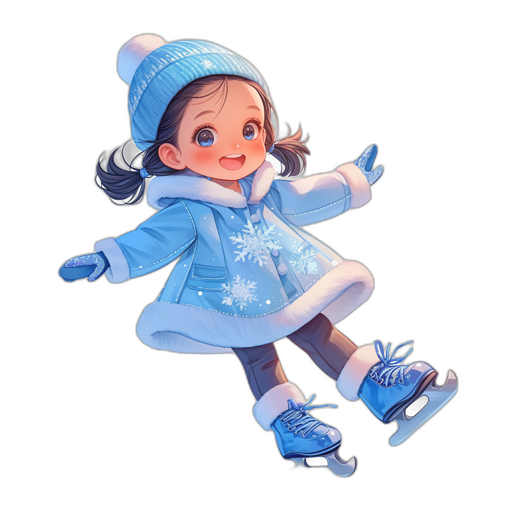 A cute little girl in a blue winter coat, wearing ice skates and skating on a black background, in the style of 2D game art with a simple character design, a cartoon illustration with soft edges, a full body shot with a bold color palette, high resolution and high detail with no shadows and high quality, in the style of chibi anime characters with snowflakes on , a cartoon character illustration. She is smiling with her eyes wide open. The colors of the  contrasted against the dark skin tone, in the style of realistic Disney Pixar animation.