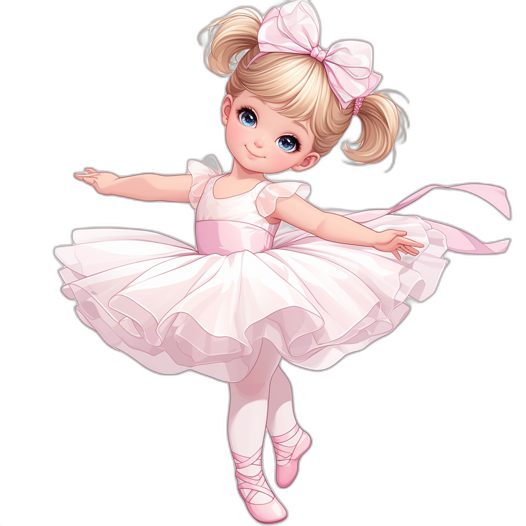 A cute little blonde girl wearing pink ballet shoes and a ballerina dress with her hair in pigtails, doing a spinning dance pose in the style of a cartoon on a black background. She has blue eyes. Her skirt is white with a large bow at her waist. The character should have no shadows or reflections.