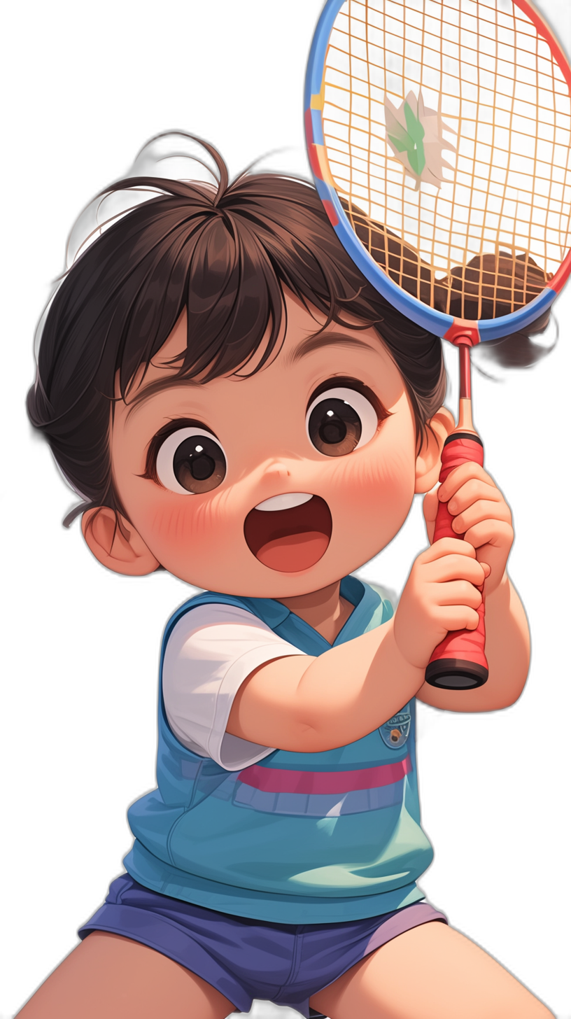 Cute baby holding a badminton racket, with a happy expression, on a black background, in the style of Disney, Qversion cartoon cute little girl character design, wearing a blue and white T-shirt with shorts underneath, with black hair, playing sports on the court, with a cute face, big eyes, and bright colors, with high definition resolution. On a black background, an illustration in the style of Q version, a cartoon in the style of Q version, an illustration in the style of Q version. High quality, with exquisite details, in the style of Q version cartoon.