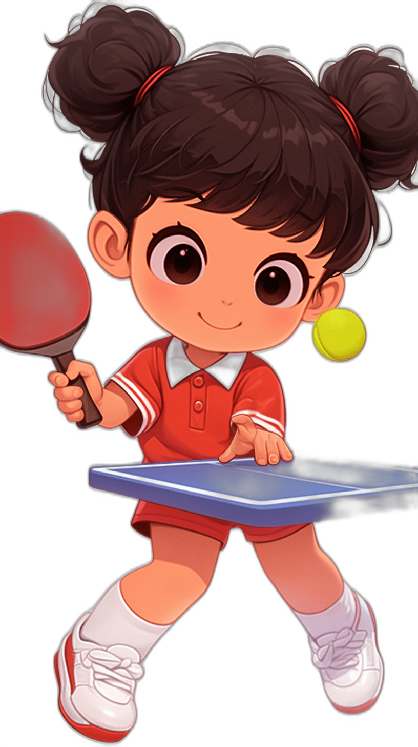 A cute little girl playing table tennis, wearing red short sleeves and white shoes with a black background. She has big eyes and is holding the racket in her hand to hit a yellow ball. The illustration style should be cartoonish, with simple lines and bright colors, creating an atmosphere of playfulness and energy. The style is in the style of anime, with a black background.