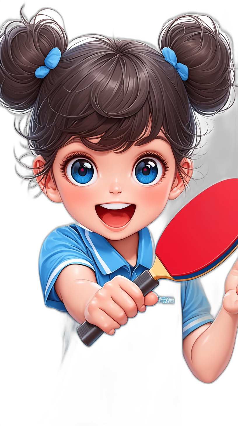 Cartoon style, cute little girl with double ponytails playing table tennis in blue and white school uniform holding red paddle hitting the ball on black background, happy expression, closeup of face, smile, bright eyes, simple lines, colorful cartoon style, high saturation, high brightness, mobile phone wallpaper.