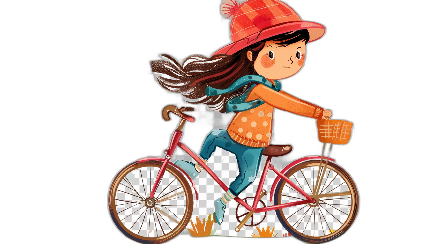 Cute girl riding bike isolated on black background, cartoon illustration with pastel colors, vector design, detailed and intricate hand drawing in the style of no artist, simple design, flat color, flat shading, clipart style, high resolution, high quality, colorful cartoon illustration, no repeated words, white border, high detail, no shadows, 300 dpi