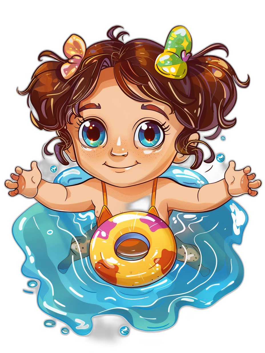 Cute little girl with brown hair and blue eyes, floating in the water on an inflatable ring in the style of a cartoon vector drawing on a black background sticker design in the style of a cartoon with high detail.