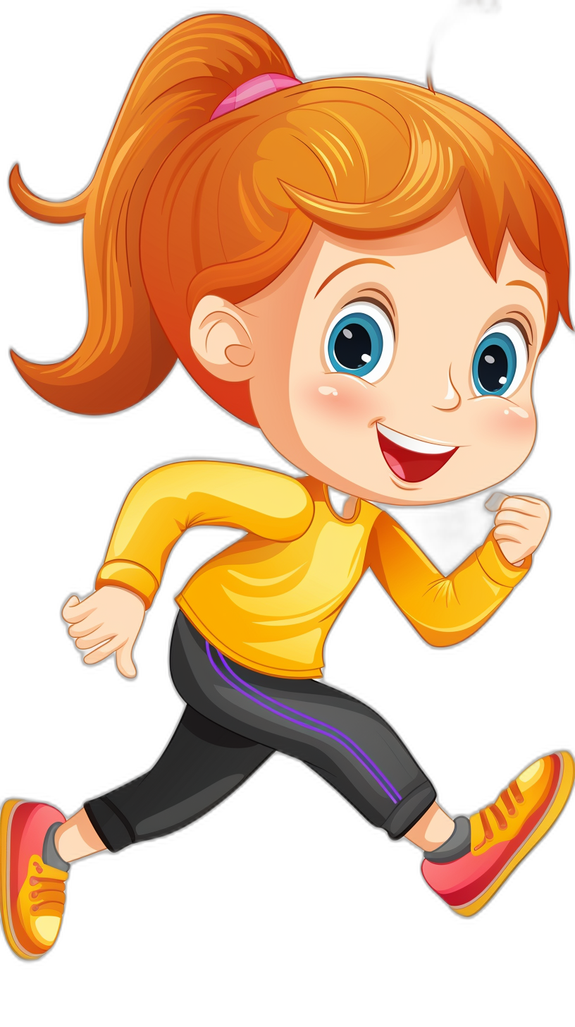 Cute cartoon girl running with a happy expression, wearing yellow long-sleeved sportswear against a black background. The flat illustration is in the style of bright colors and big eyes. She has orange hair in pigtails and is smiling happily as she runs forward. The character’s facial features should be clear and detailed, with red shoes on her feet. Her hands do not need to appear.