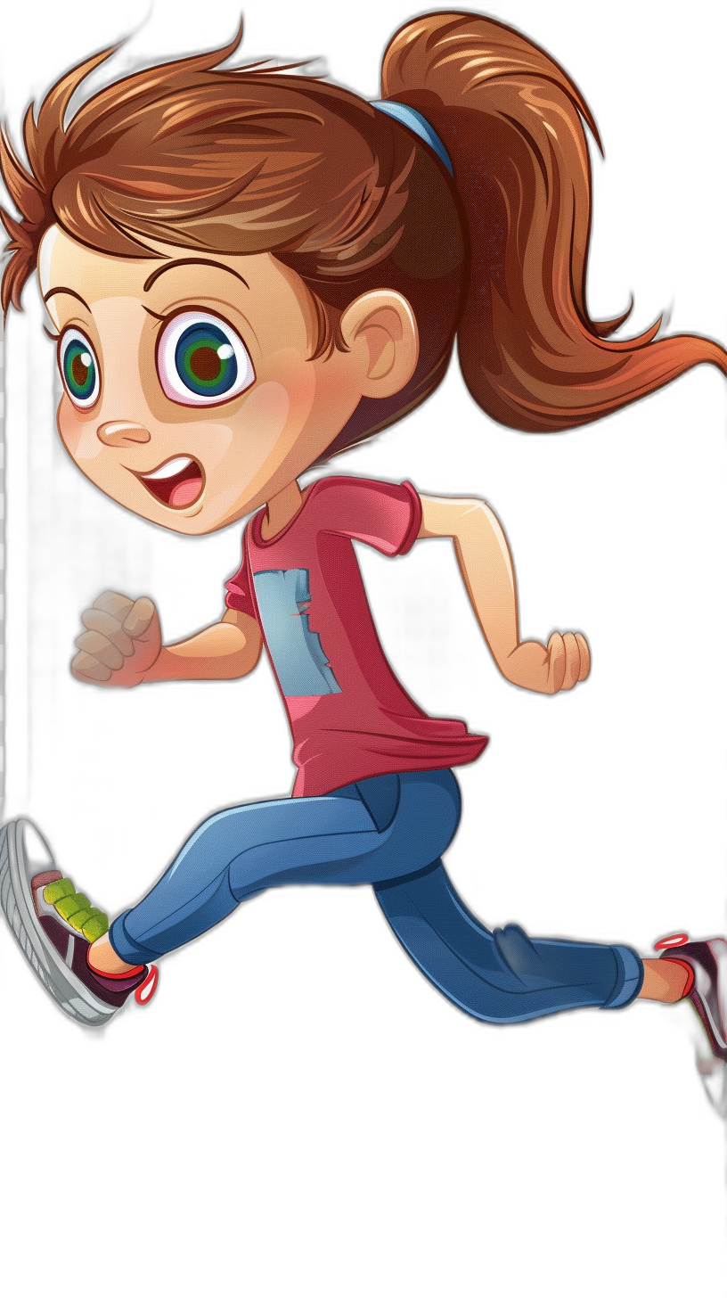 A cute cartoon girl running, wearing blue pants and red tshirt with pink shoes, smiling expression, brown hair in ponytail style, green eyes, full body portrait, Disney Pixar animation style, black background, high resolution, high detail, high quality.