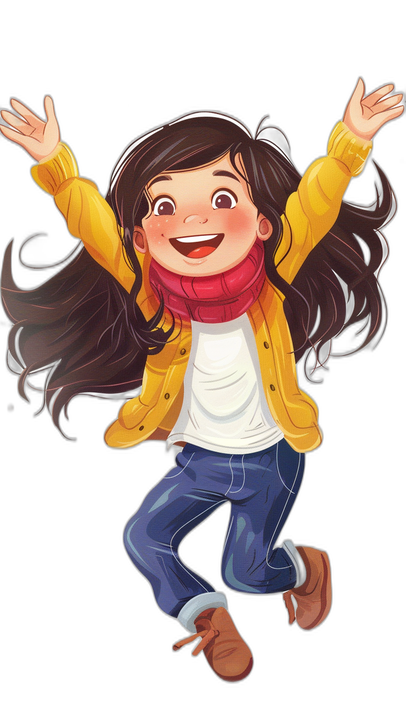 A cute girl wearing a yellow jacket, white t-shirt and blue jeans is jumping with joy. She has long brown hair in pigtails and a red scarf around her neck against a black background. The illustration style should be in the style of Pixar with vibrant colors and detailed facial expressions.