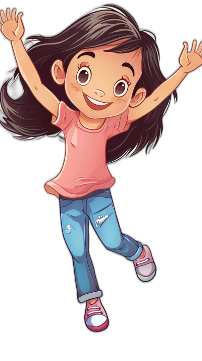 A cute little girl with black hair, wearing a pink top and blue jeans is jumping up in the air, smiling happily. She has an anime style with big eyes and a full body portrait against a simple background. The illustration is in the style of Disney Pixar cartoons with high definition resolution on a black background.