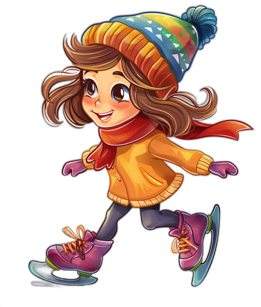 A cute girl is skating, wearing colorful winter  and a hat, in the style of a cartoon with a black background, as a colorful illustration.