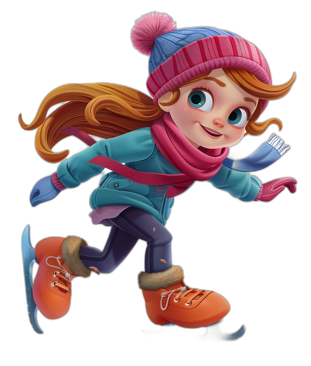 A cartoon girl ice skating, wearing winter and gloves, with bright colors and black background, highdefinition illustrations, cute expressions, full body portrait, highresolution, highquality images, Disney style, character design, and Disney animation.