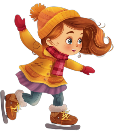 A cute girl is skating, wearing winter  and shoes. She has brown hair with bangs, wears gloves on her hands, and is smiling while ice skating. The illustration style should be cartoonish with vibrant colors, and clipart isolated against a black background.