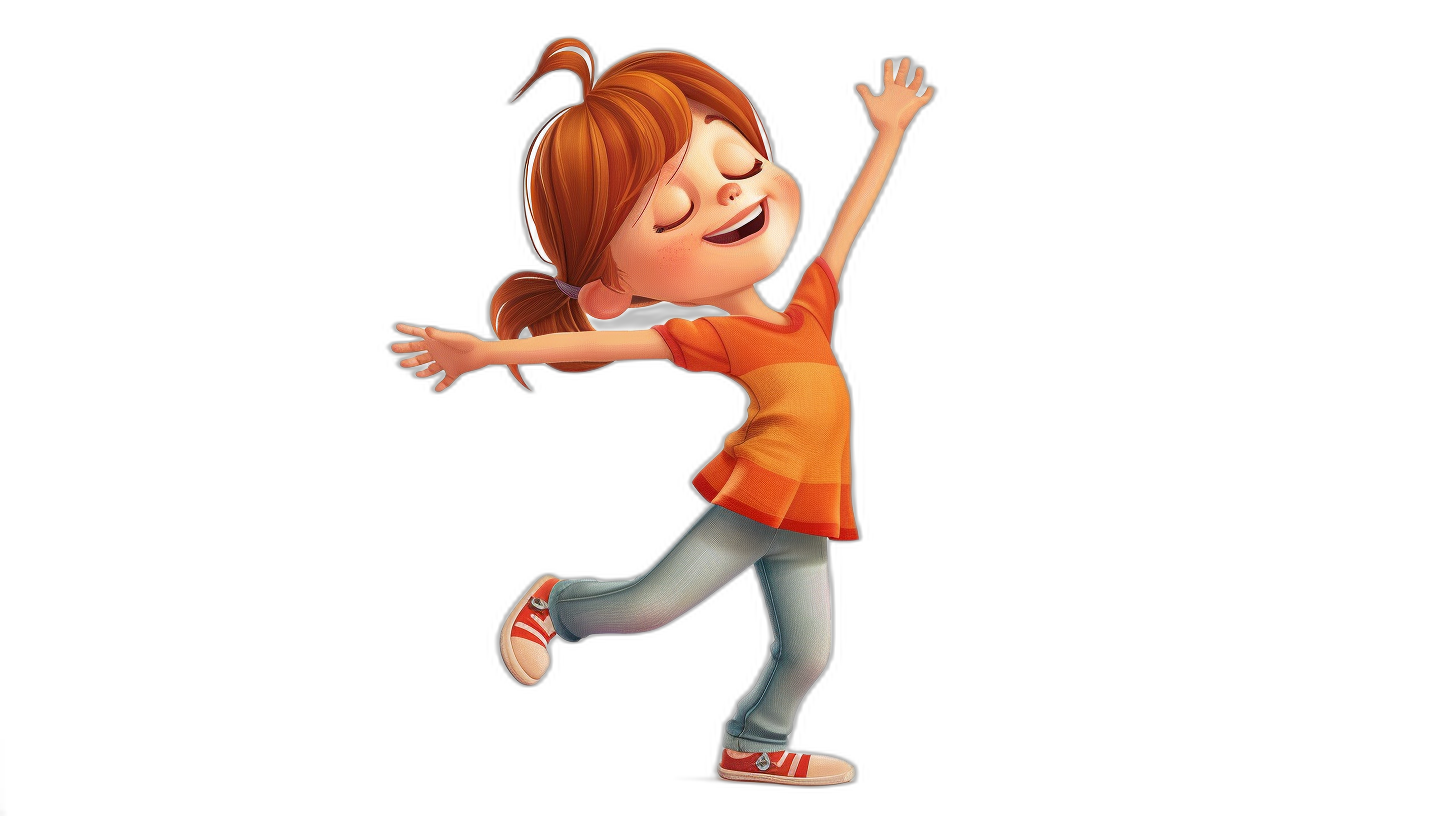 A cute little girl is dancing in the style of Pixar, on a simple black background with a clean background. The cartoon character has a simple design with 3D rendering in a full body shot from the side view. It is a cartoon illustration with a happy expression and bright colors, including a bright orange shirt, jeans, and red shoes. The hair is in a bun with a ponytail on the head, and there is a white skin tone with big eyes and long eyelashes in a closed-mouth smile. The quality is high.