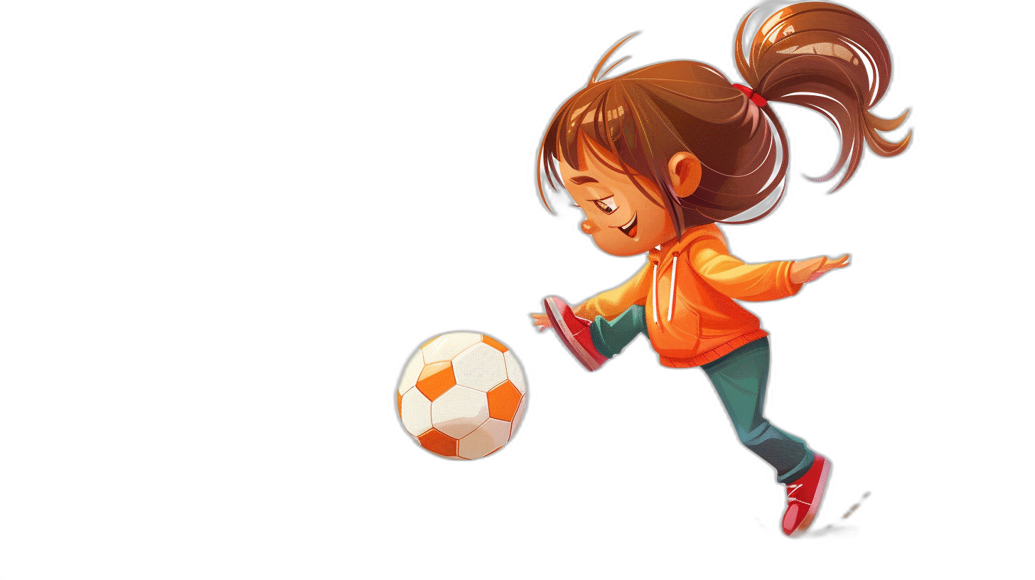 A little girl kicking a ball in the style of a cartoon, in the style of cartoon style, on a black background, cute, high quality