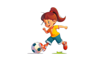 Cartoon girl playing football in the style of a simple drawing on a black background with simple details and lines in a flat illustration style like those found in children's books. Simple color blocks and brushstrokes are used with minimal details to create a high resolution, high quality 2D image.